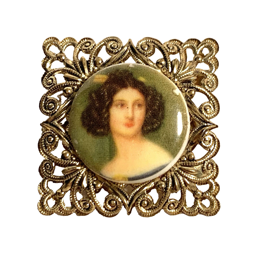 Vintage Western Germany Lady Portrait Brooch Gold Tone Filigree Square Pin